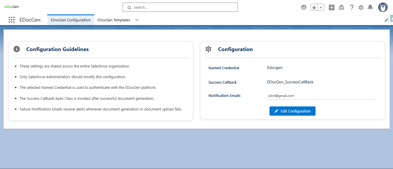 EDocGen Configuration page